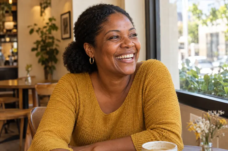 Mulher negra de cabelo crespo preso, rindo à mesa de um café, perto de uma janela