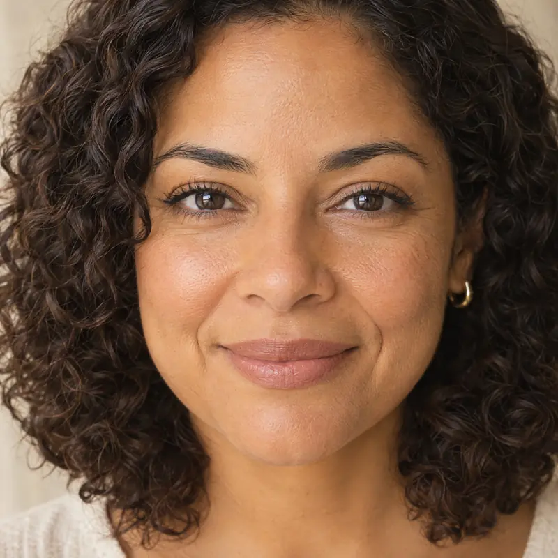 Mulher de cabelo castanho cacheado em close, de frente, com um sorriso leve de lábios fechados