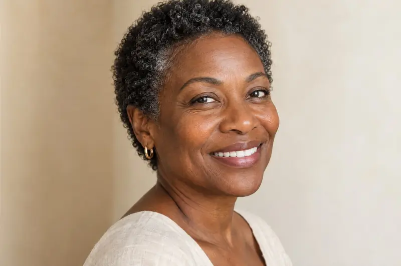 Mulher negra de cabelo curto com fios grisalhos, sorrindo
