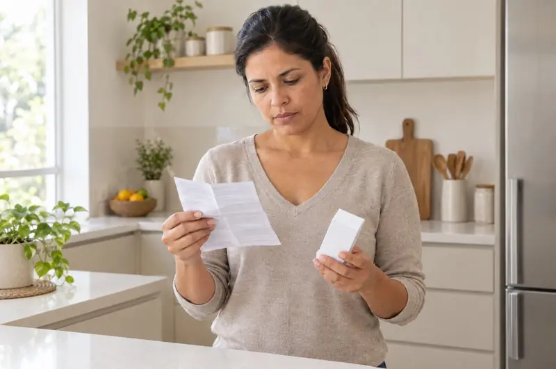 Mulher na cozinha lendo a bula de uma caixa de remédio sem marca