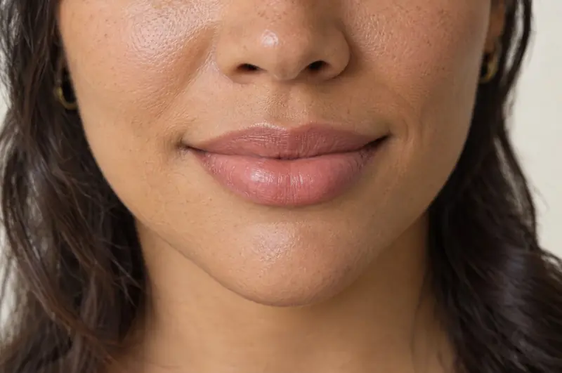 Close dos lábios de uma mulher, com batom nude rosado e sorriso leve