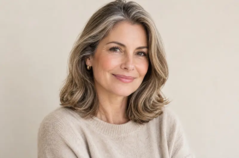 Mulher de cerca de 50 anos, com fios grisalhos no cabelo, sorrindo