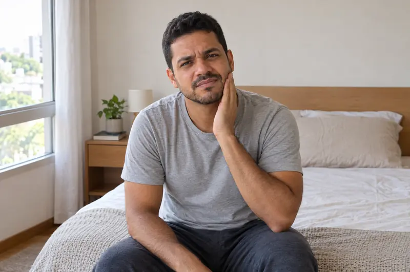 Homem sentado na cama pela manhã, com a mão no lado do rosto
