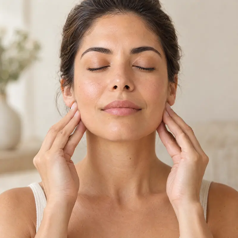 Mulher de olhos fechados massageando os músculos da mandíbula com as pontas dos dedos