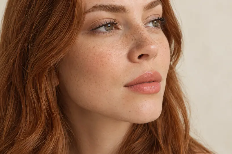 Mulher ruiva de sardas, de perfil, com o contorno dos lábios em destaque