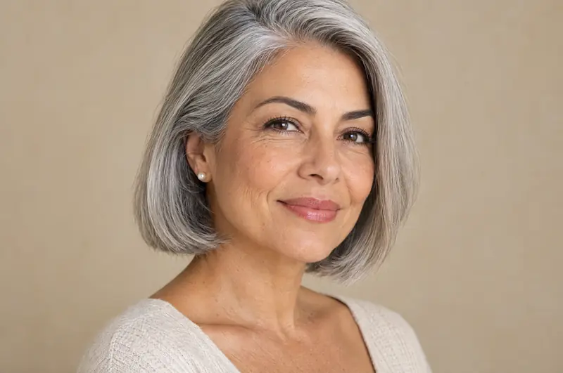 Mulher de cabelo grisalho na altura do queixo, sorrindo, com os lábios em destaque