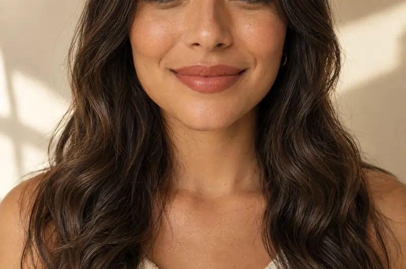 Mulher morena de cabelo longo e ondulado, sorrindo, com os lábios em destaque