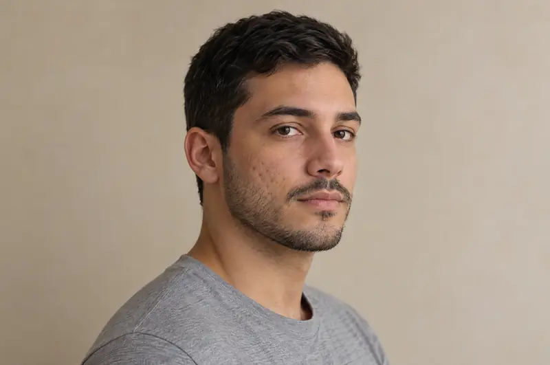 Homem de cabelo escuro curto e barba aparada, de três quartos, com marcas leves de acne na bochecha à luz lateral