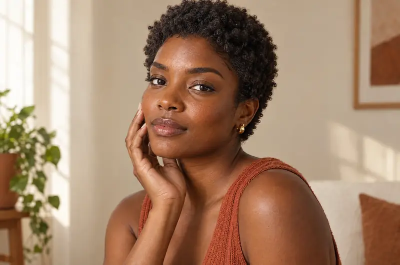 Mulher negra de cabelo crespo curto, de três quartos, com a ponta dos dedos na bochecha, à luz da janela