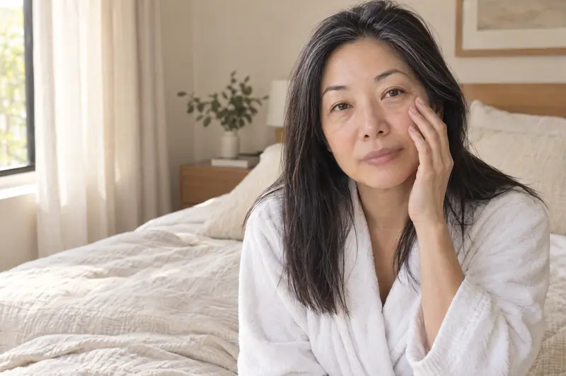 Mulher de cabelo preto, de roupão, sentada na cama pela manhã, com a mão no rosto