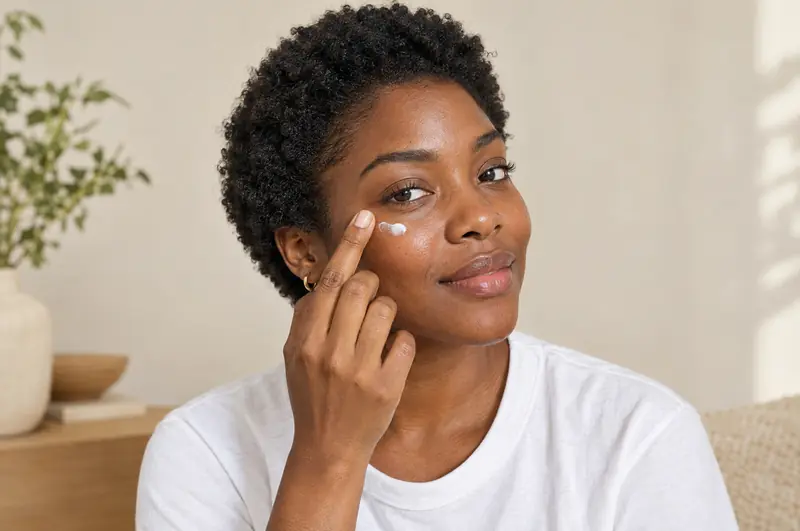 Mulher negra de cabelo curto aplicando protetor solar abaixo do olho com a ponta do dedo