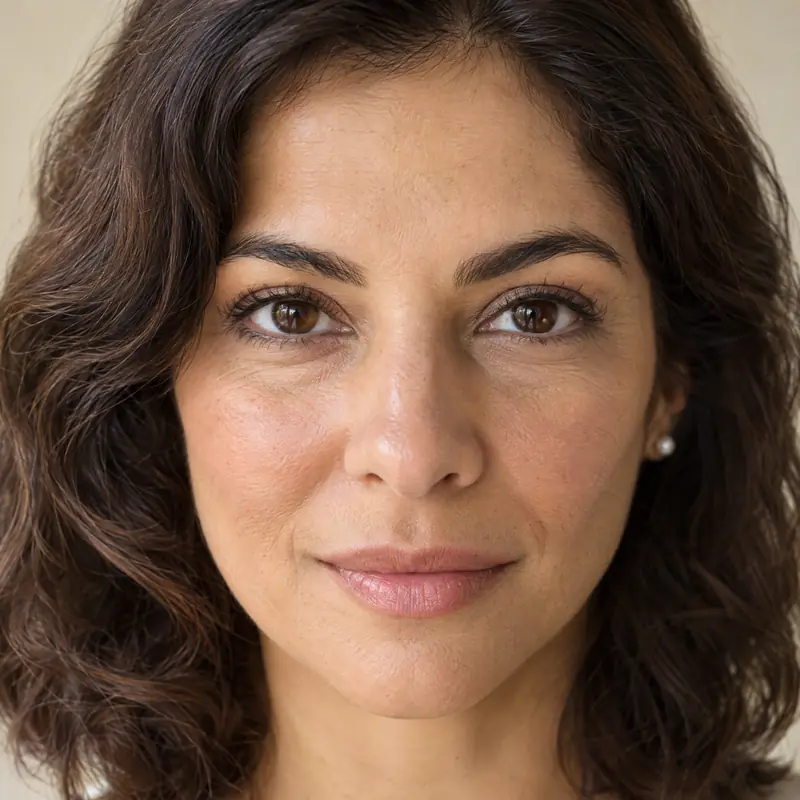 Mulher de cabelo castanho ondulado em close, de frente, com o olhar em destaque