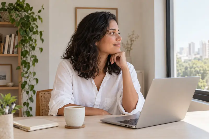 Mulher jovem de cabelo escuro ondulado, sentada a uma mesa com notebook, sorrindo de lábios fechados e olhando para a janela