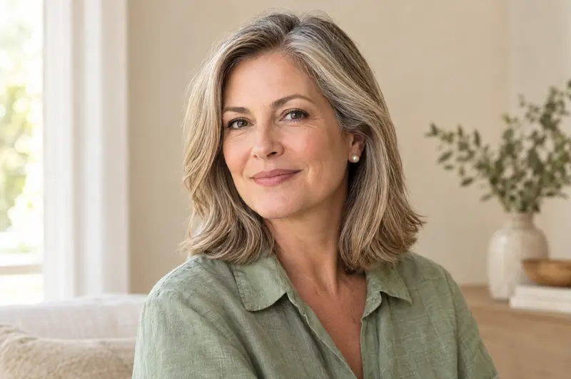 Mulher de cabelo loiro-acinzentado na altura dos ombros, de três quartos, sorrindo de lábios fechados