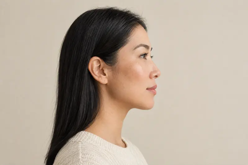 Mulher de cabelo preto liso, de perfil, com o nariz, os lábios e o queixo bem marcados contra um fundo claro