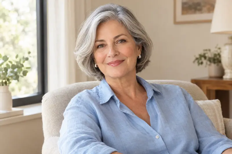 Mulher de cabelo grisalho curto, sorrindo, sentada numa poltrona perto da janela